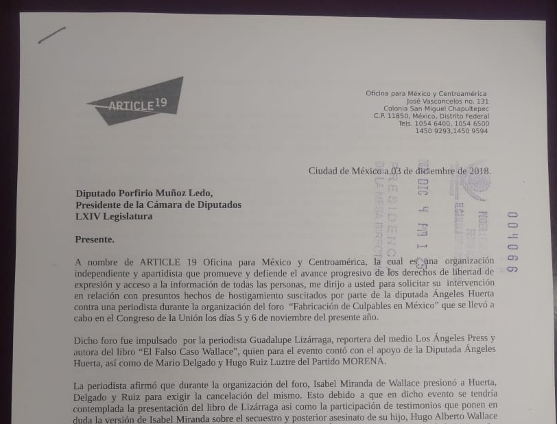 Artículo 19 envía carta a LXIV Legislatura por acoso de diputada a periodista
