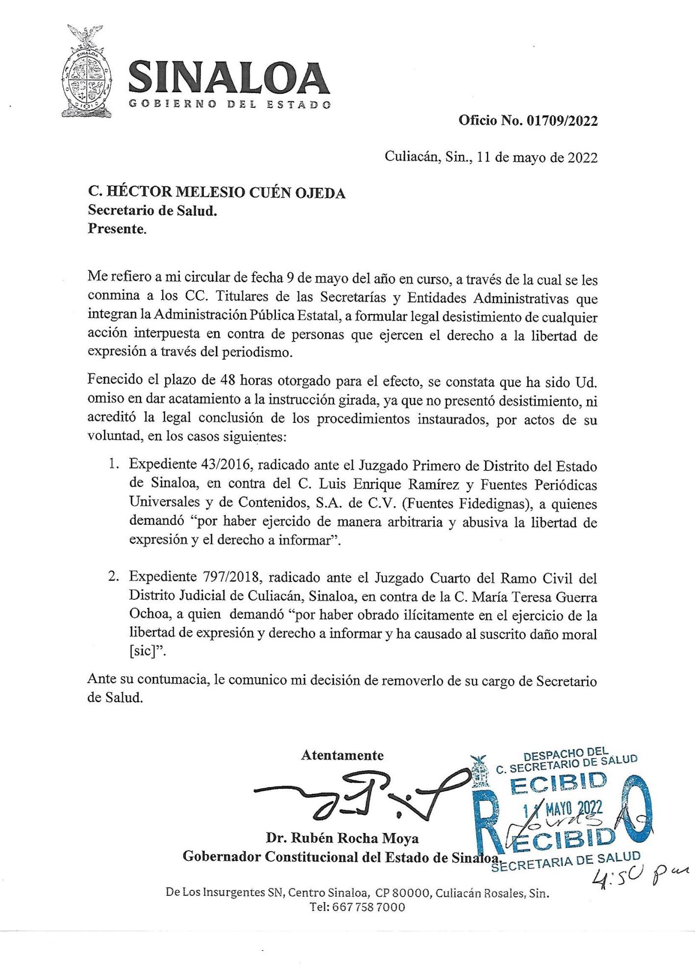 $!El Secretario de Salud en Sinaloa, Melesio Cu&eacute;n, es cesado de su cargo