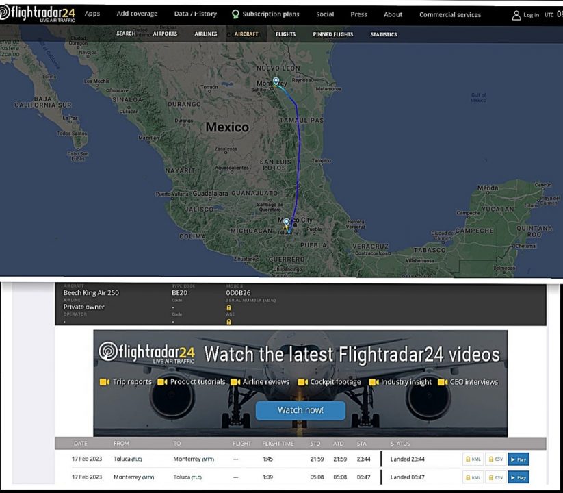 registro del ulltimo vuelo aeronave Nuevo Leon