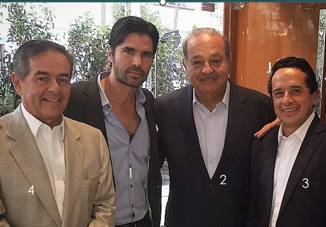 Eduardo Verástegui con el millonario Carlos Slim (2), el embajador de México en Canadá y amigo del presidente López Obrador, Carlos Joaquín González (3) y el actor Daniel Goñi (4). 