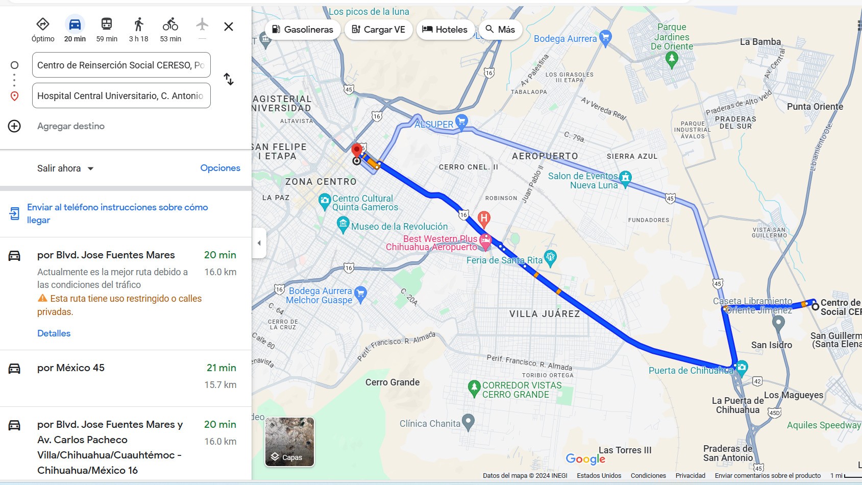 Recorrido del Cereso Aquiles Serdán al Hospital Central Universitario, 20 minutos.
