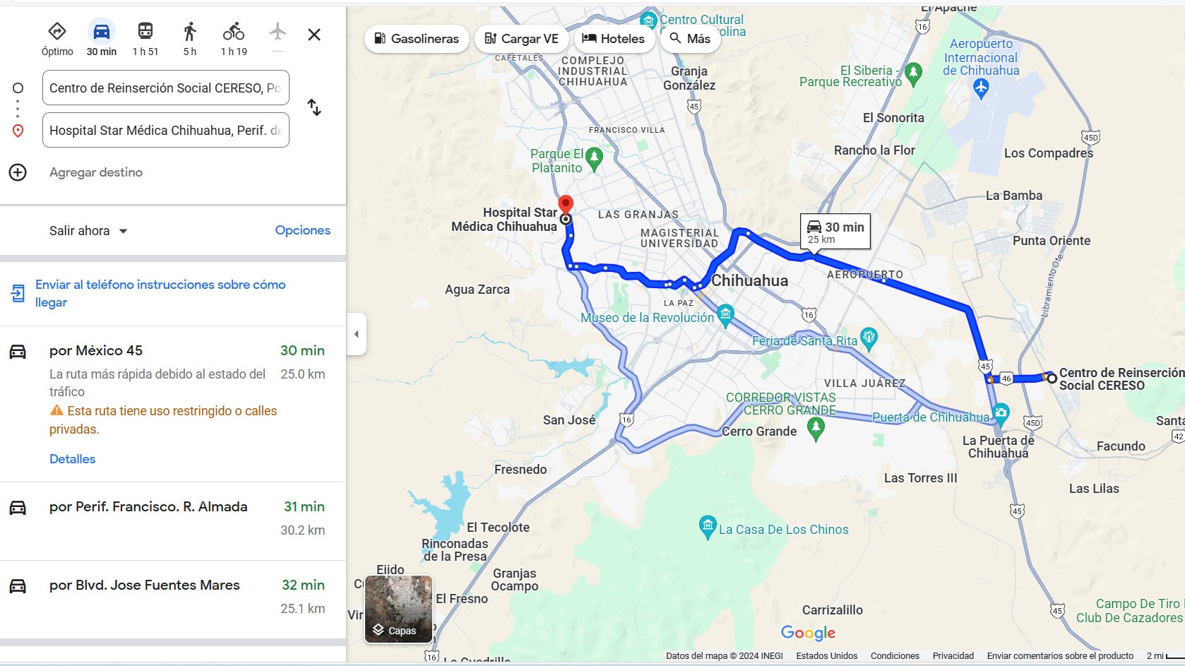 Recorrido del Cereso Aquiles Serdán al Hospital Star Médica, 30 minutos.