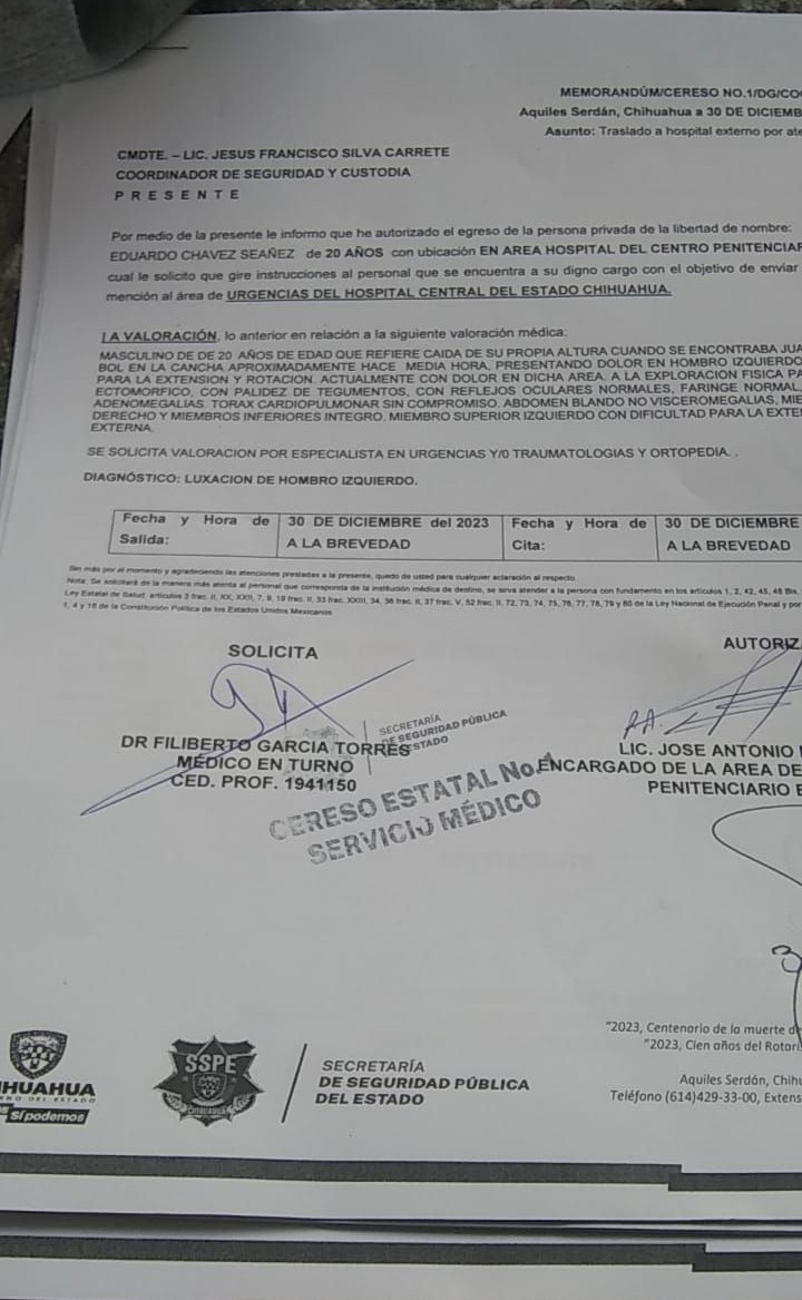 Oficio sobre la solicitud de traslado urgente al hospital del recluso Eduardo Chávez. Foto: especial. Oficio sobre la solicitud de traslado urgente al hospital del recluso Eduardo Chávez. Foto: especial.