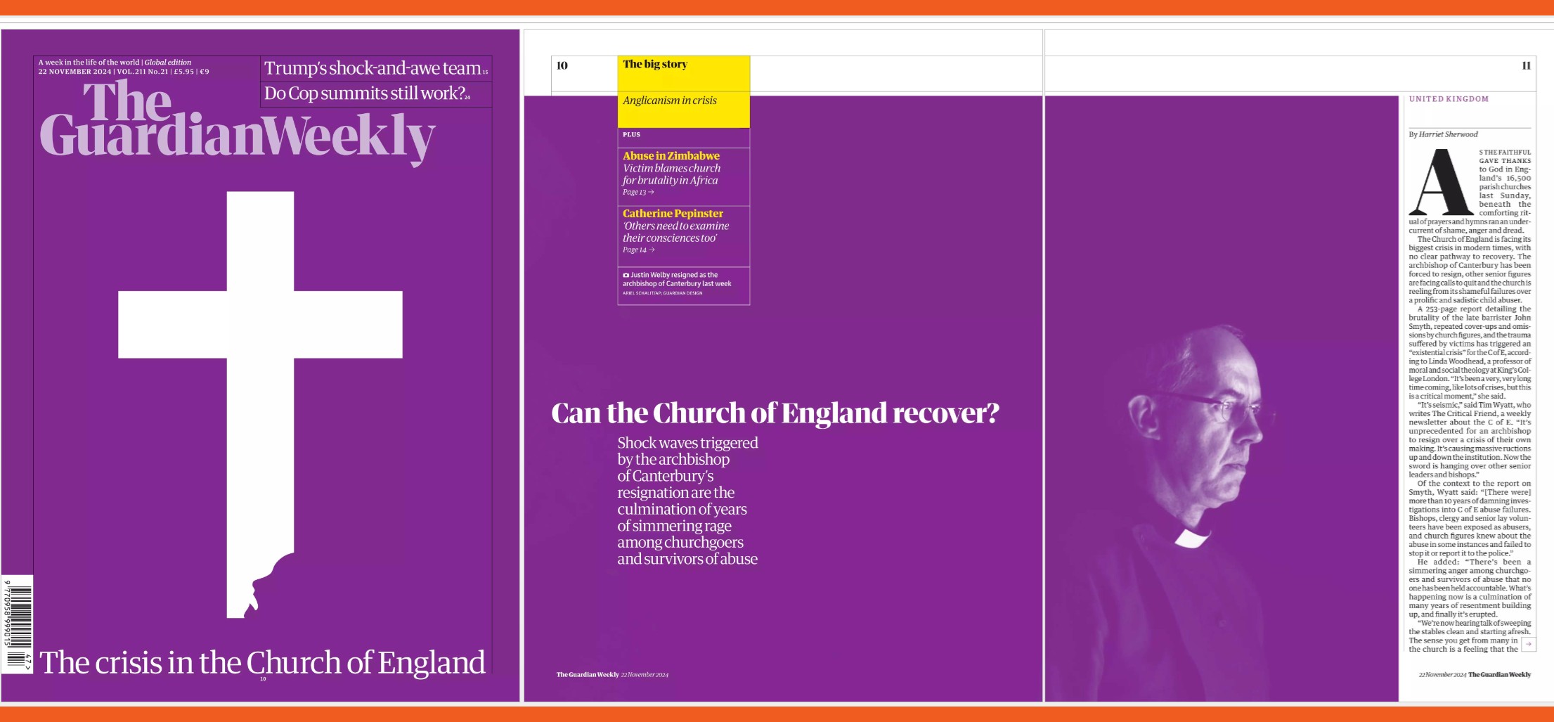 Primera plana del número de The Guardian Weekly sobre la renuncia de Justin Welby, 2024.