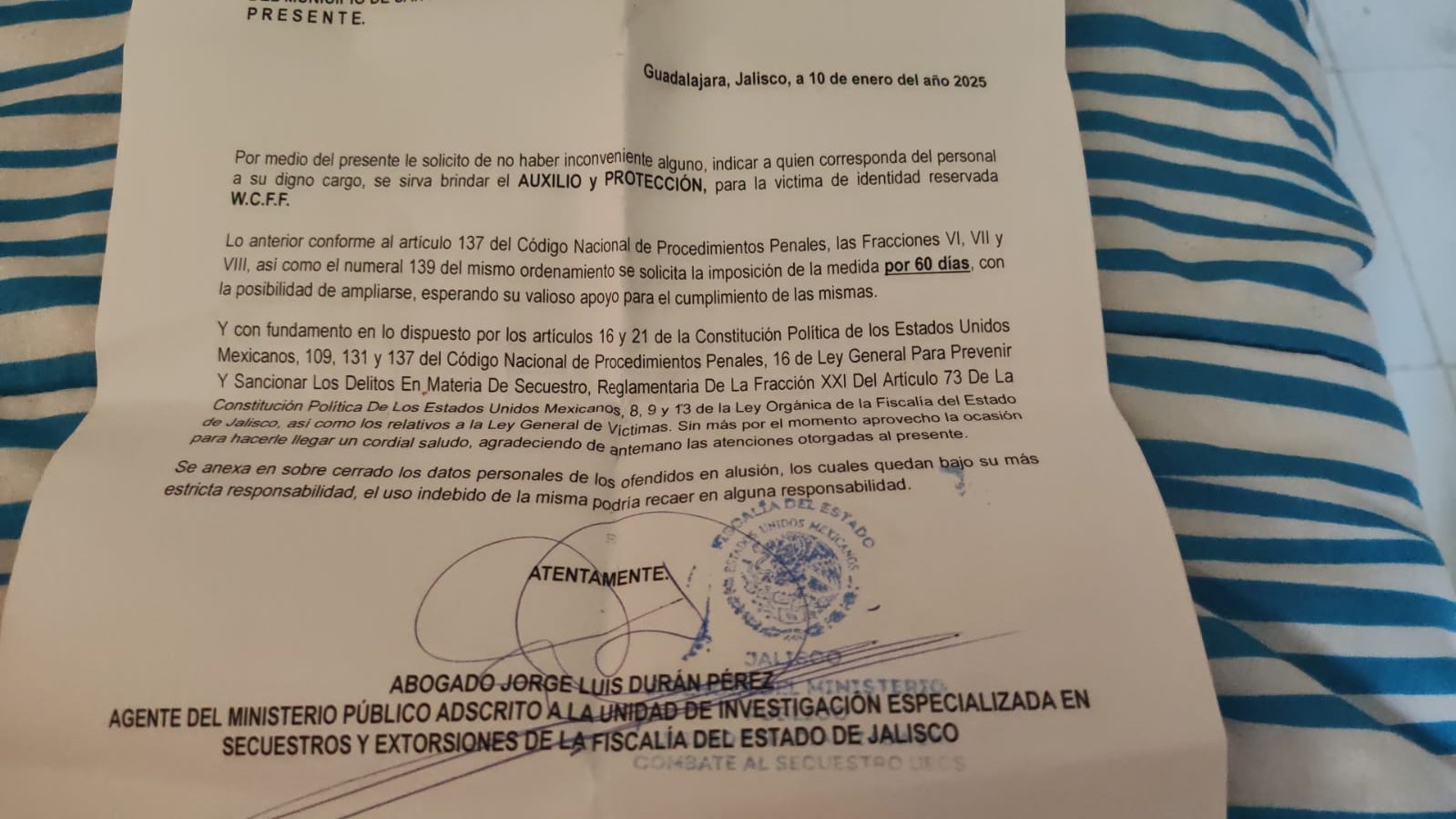 Documento del Ministerio Público notificando la situación de secuestro y extorsión de Wendy Coral Franco. Documento del Ministerio Público notificando la situación de secuestro y extorsión de Wendy Coral Franco.