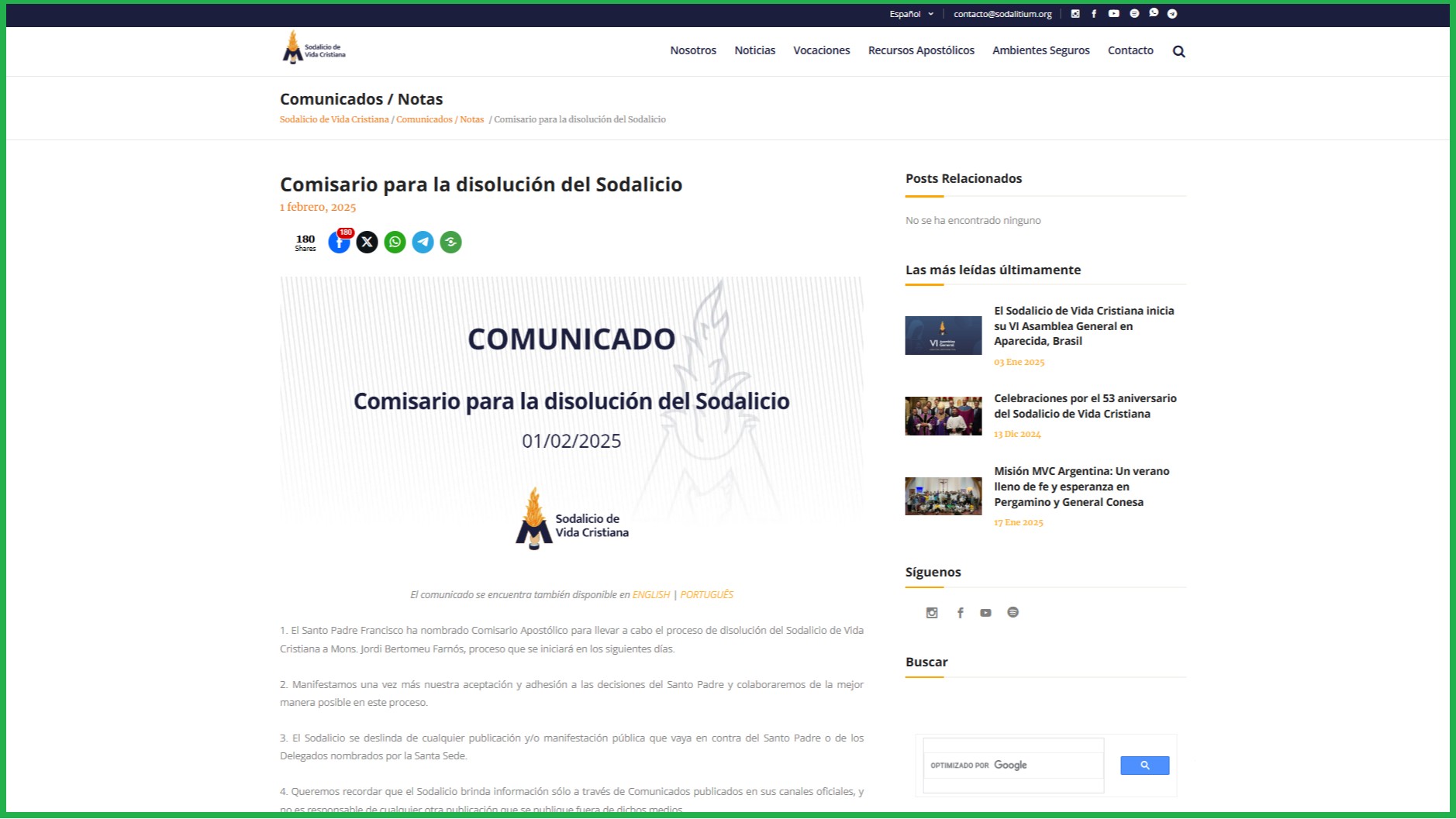 Captura de pantalla del sitio del Sodalicio.