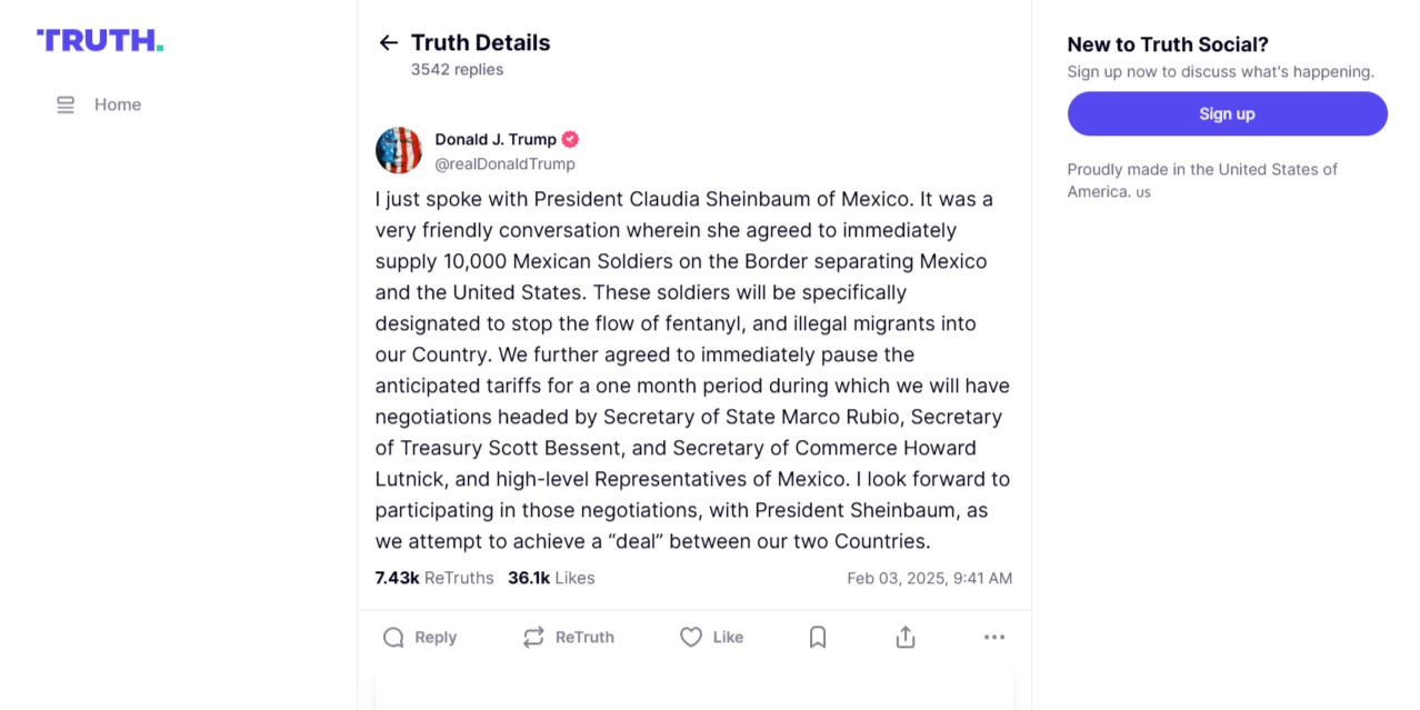 Mensaje de Donald Trump en su red social.