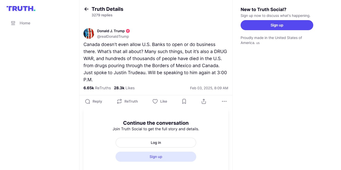 Mensaje de Donald Trump en su red social TruthSocial sobre su conversación con Justin Trudeau.