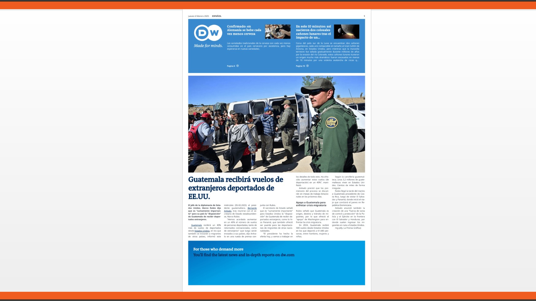 Primera plana de Deutsche Welle con información de Guatemala que acepta deportados de otros países. Primera plana de Deutsche Welle con información de Guatemala que acepta deportados de otros países.