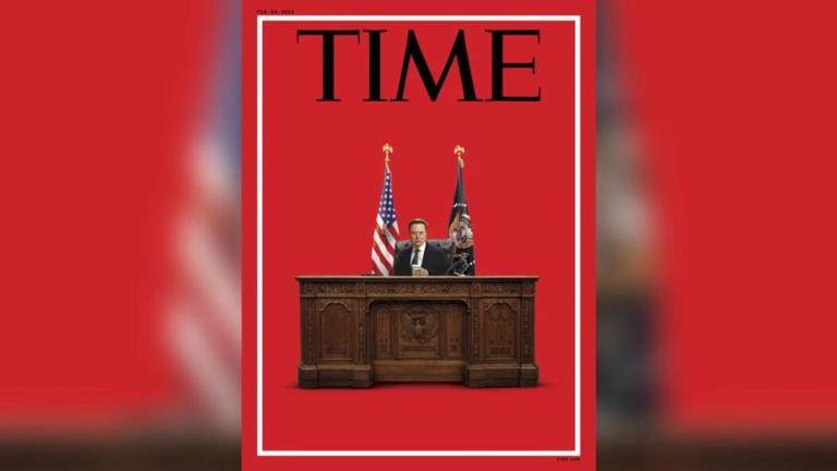 Elon Musk en la portada de ‘Time‘ tras el escritorio Resolute