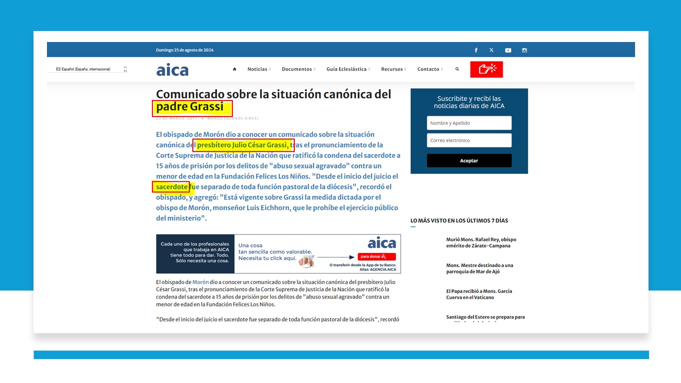 Una nota de AICA sobre Grassi en la que se insiste en su condición de sacerdote.