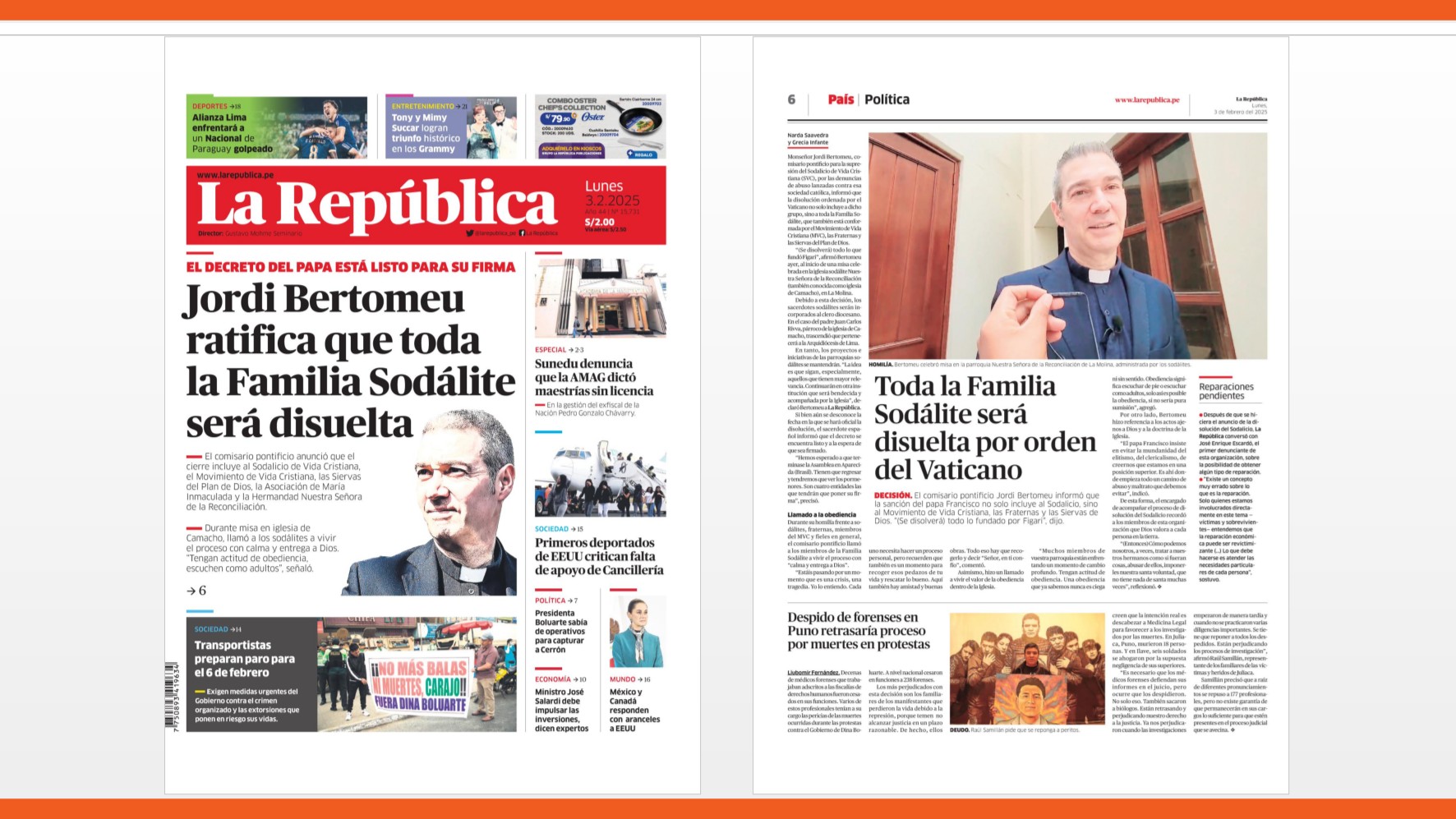 Primera plana y página 6 de La República del 3 de febrero de 2025.