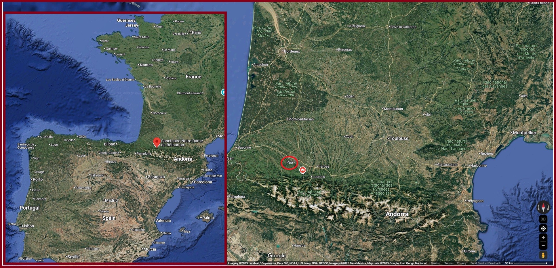 Pau Beárn Pyrenées en Francia, cerca de la frontera con España. Google Maps.