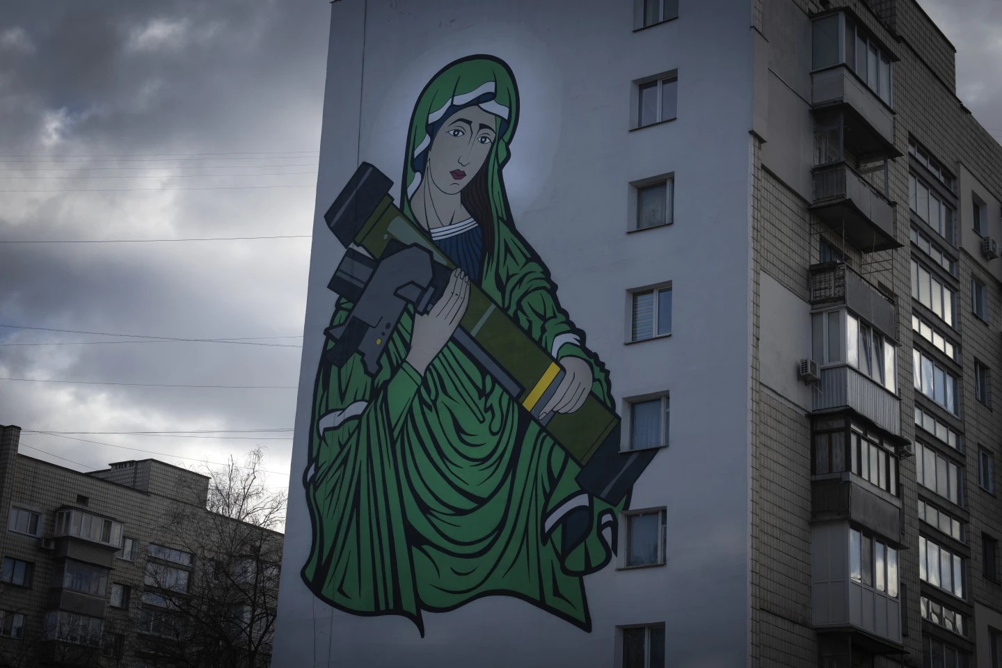 A mural on the wall of an apartment building depicts Saint Javelin, an internet meme and fictional character in an icon style cradling the FGM-148 Javelin anti-tank weapon that the Ukrainian army used against the Russian troops, in Kyiv, Ukraine, Friday, Feb. 2, 2024. Saint Javelin is a symbol of resistance against Russian invasion of Ukraine. A mural on the wall of an apartment building depicts Saint Javelin, an internet meme and fictional character in an icon style cradling the FGM-148 Javelin anti-tank weapon that the Ukrainian army used against the Russian troops, in Kyiv, Ukraine, Friday, Feb. 2, 2024. Saint Javelin is a symbol of resistance against Russian invasion of Ukraine.