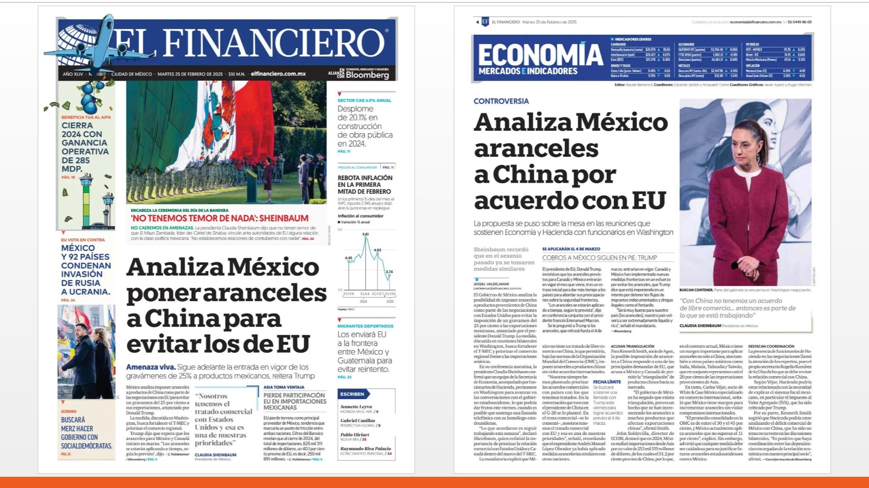 Primera plana y p. 4 de la edición del 25 de febrero de 2025 de El Financiero. Primera plana y p. 4 de la edición del 25 de febrero de 2025 de El Financiero.