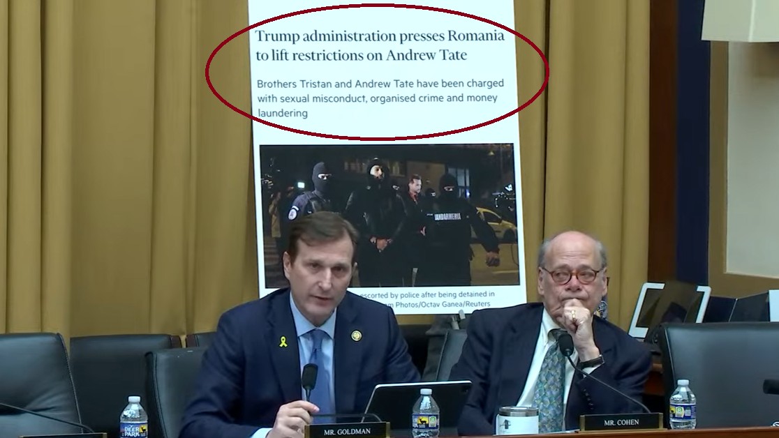 Goldman con una imagen que destaca la presión puesta por el gobierno de Trump para que los Tate pudieran salir de Rumanía. Goldman con una imagen que destaca la presión puesta por el gobierno de Trump para que los Tate pudieran salir de Rumanía.