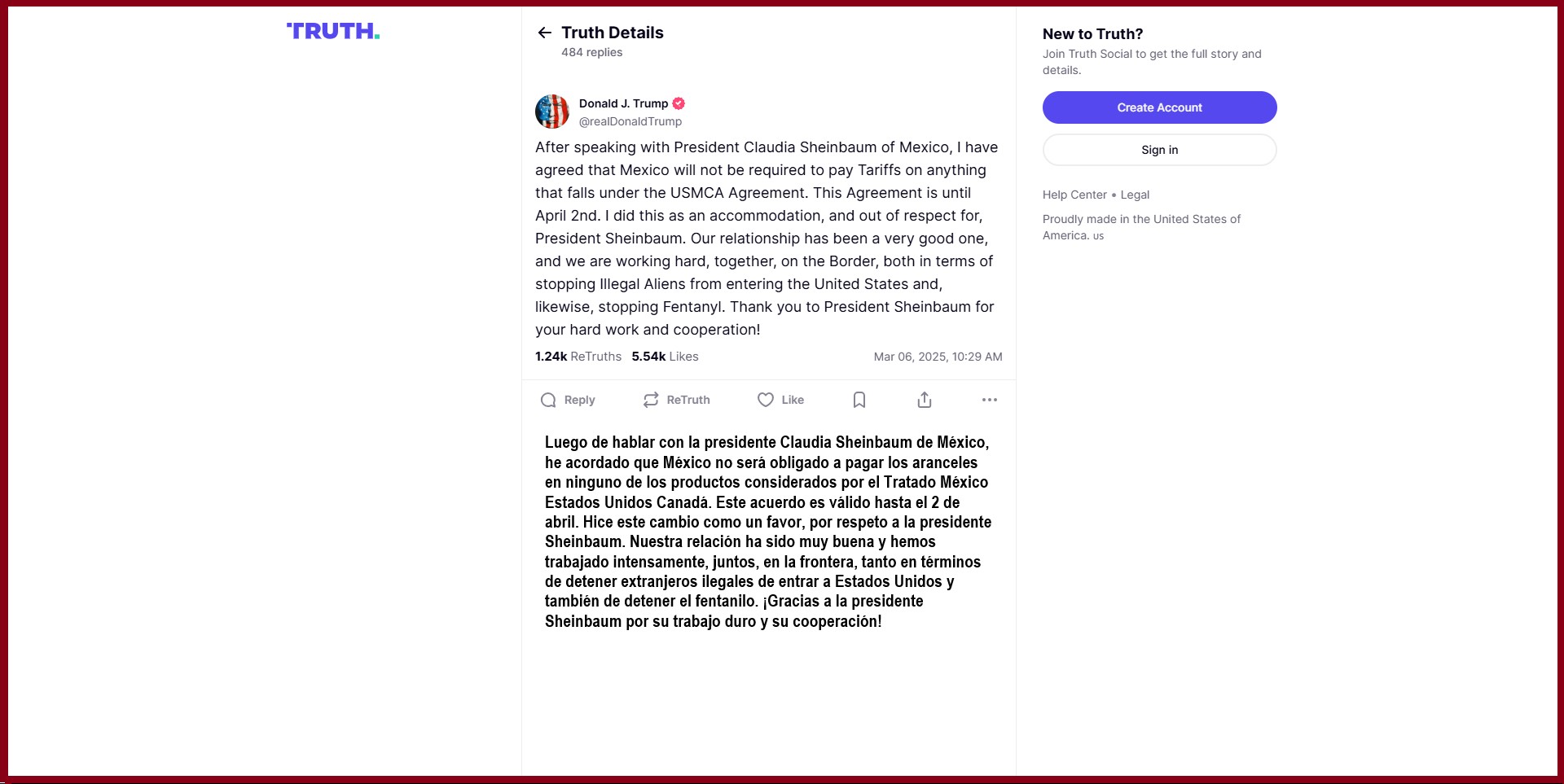 Mensaje en inglés y español de Donald Trump sobre la conversación con Sheinbaum. De sus redes sociales. Mensaje en inglés y español de Donald Trump sobre la conversación con Sheinbaum. De sus redes sociales.