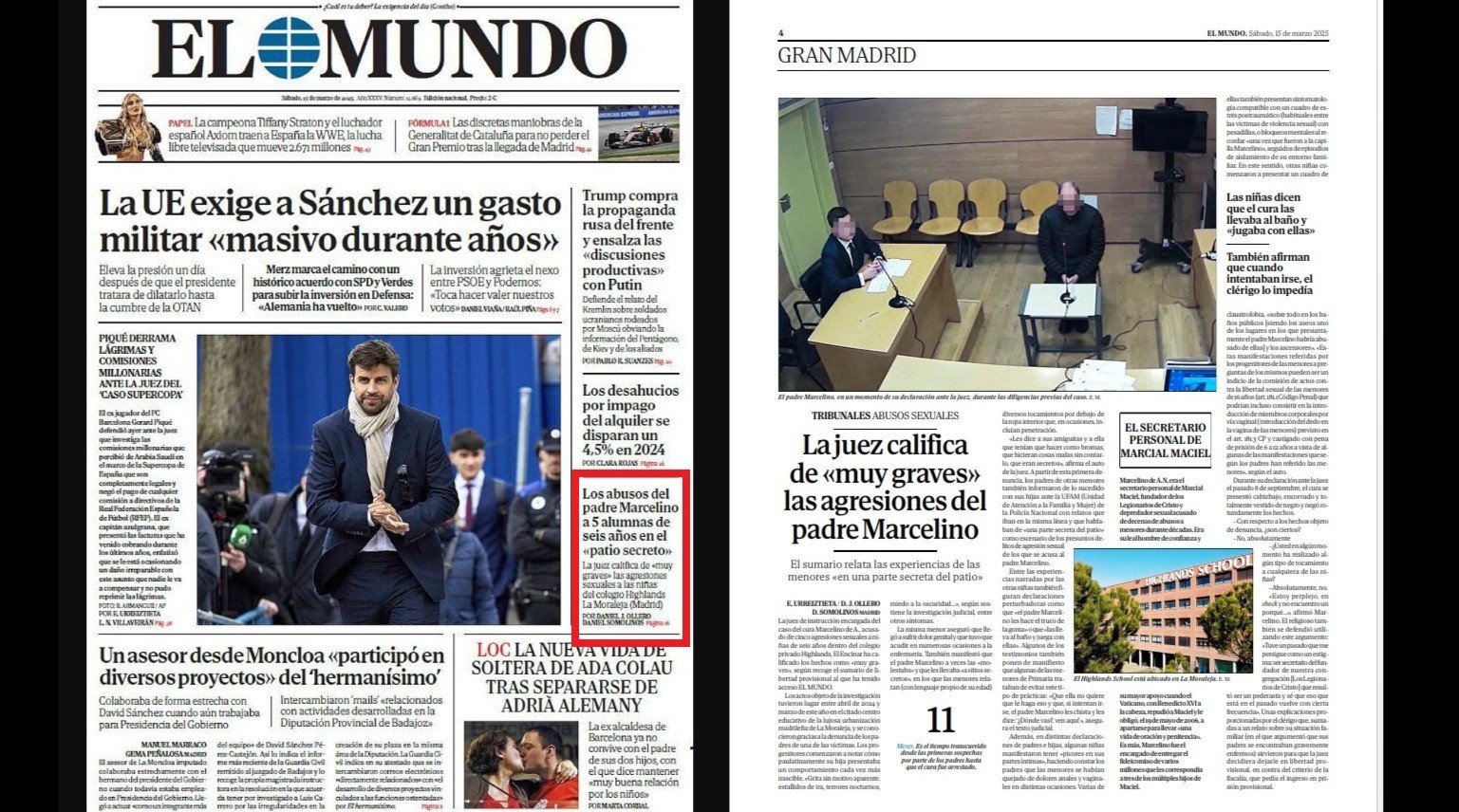 Front page and page no. 4 of El Mundo, March 15th, 2025.