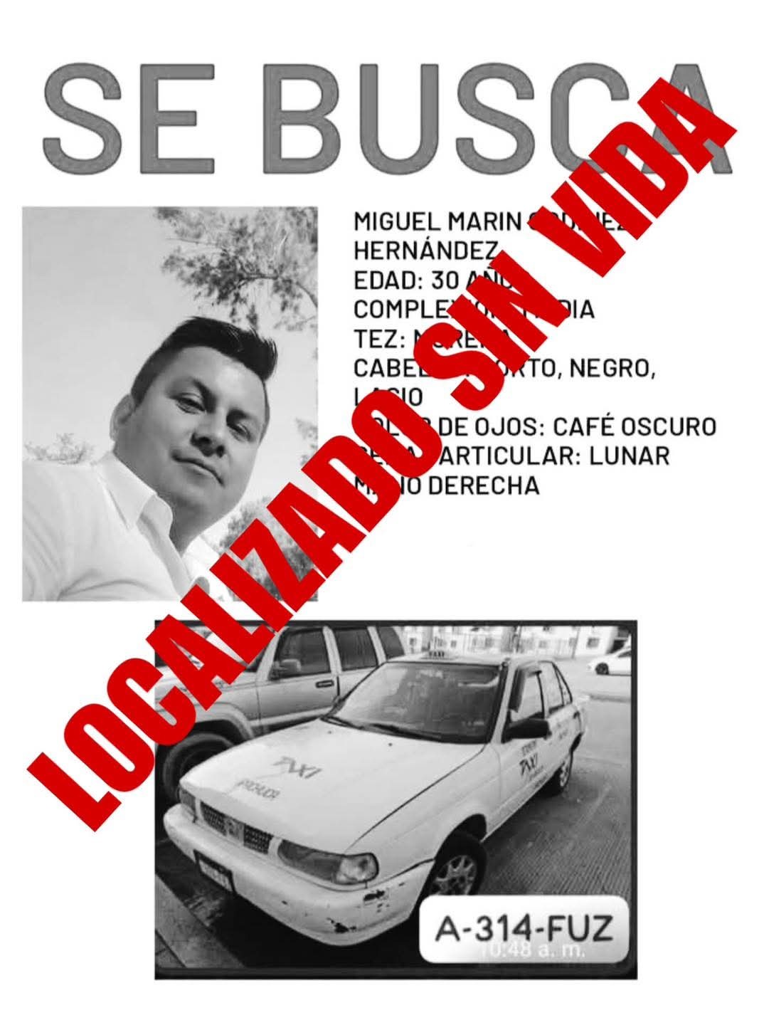 Miguel Marín, taxista desaparecido en Hidalgo, localizado sin vida