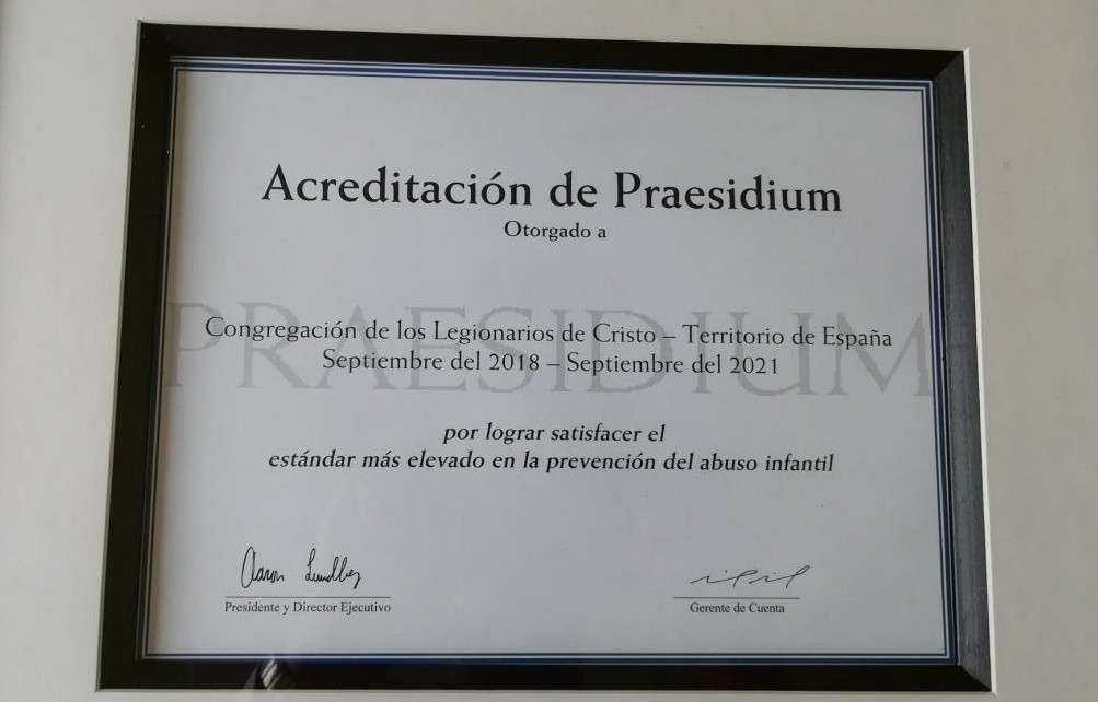 The document proving Praesidium accredited the Spaniard province of the Legion of Christ as able to prevent and handle clergy sexual abuse. From the Legion of Christ's social media.