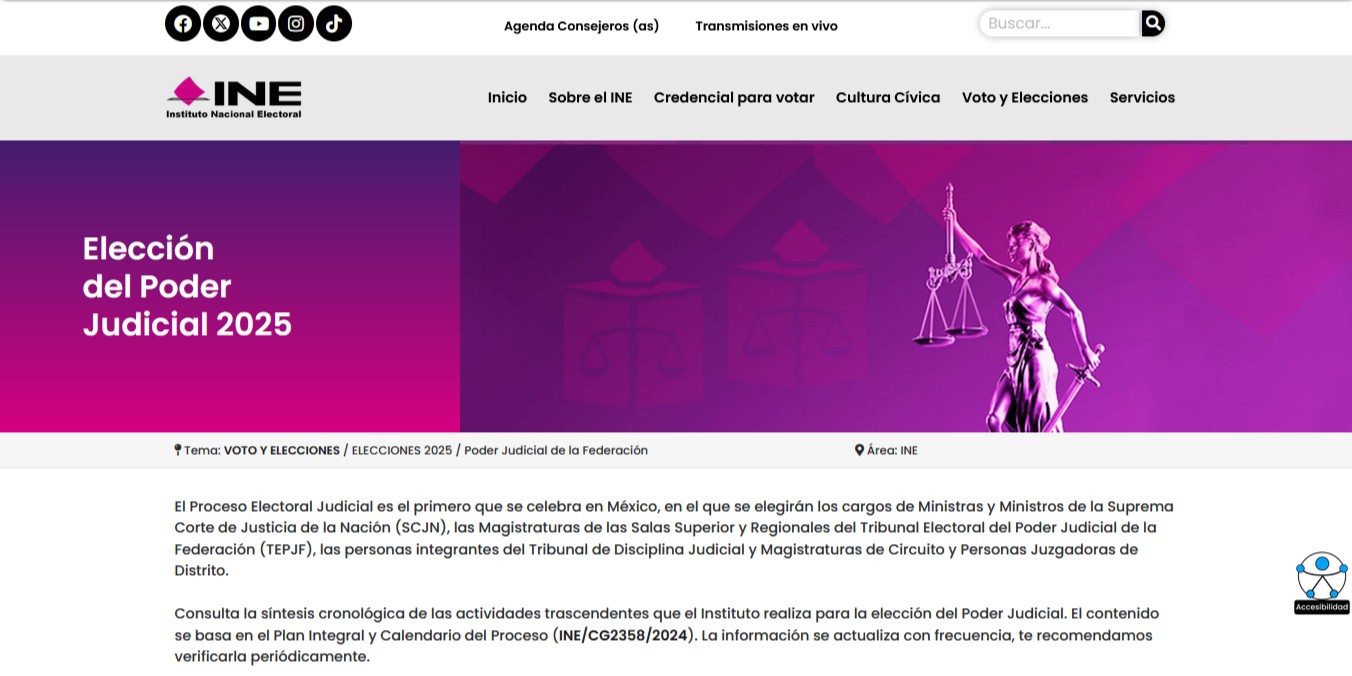 Captura de pantalla del sitio del INE para la elección judicial de 2025.