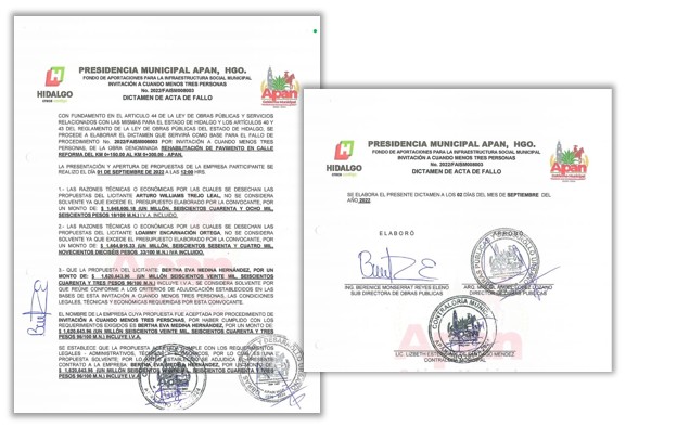 Dictamen de acta de fallo del municipio de Apan en favor de Willy Trejo y esposa.