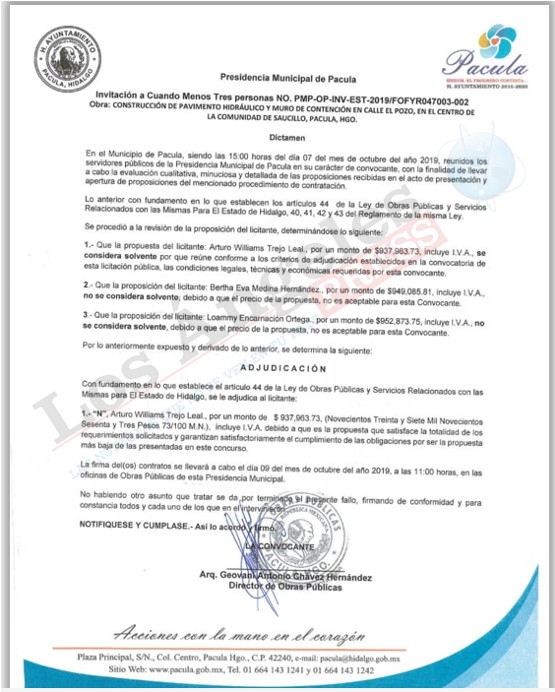 En 2019, el municipio de Pacula otorgó a Willy Trejo otro contrato en simulación de competencia con su esposa Bertha Eva Medina y su socio Loammy Encarnación Ortega, a quienes se les consideraron “no solventes“ para proveer este contrato.