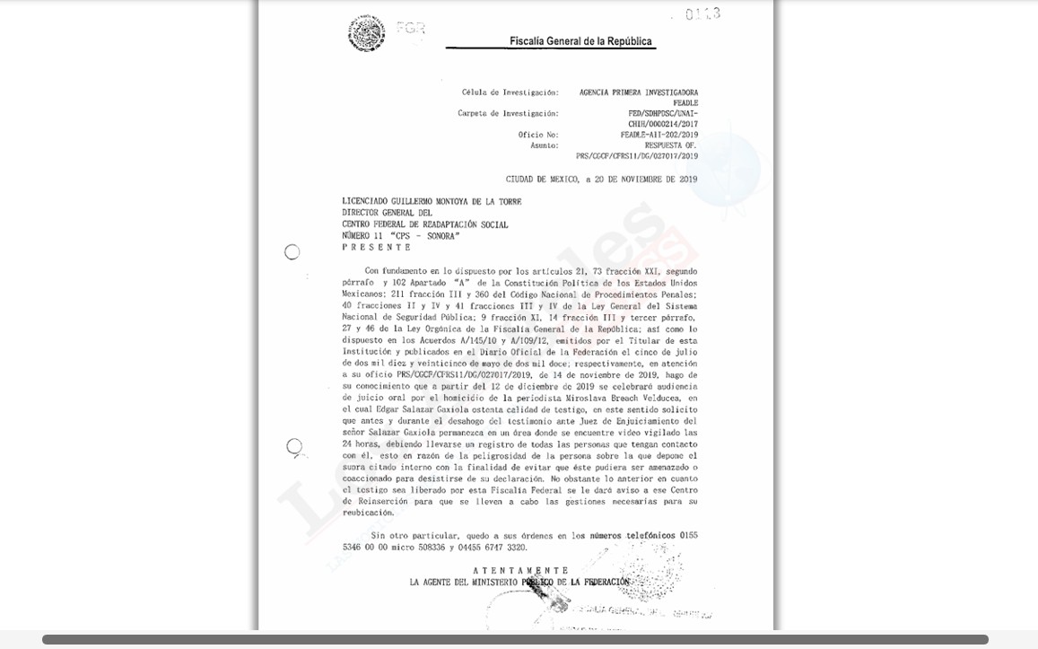 Respuesta de la agente de la FEADLE, Iris Gabriela Santoyo Cuervo, para que continúe el aislamiento carcelario de Édgar Salazar Gaxiola. Fuente: Expediente judicial. Respuesta de la agente de la FEADLE, Iris Gabriela Santoyo Cuervo, para que continúe el aislamiento carcelario de Édgar Salazar Gaxiola. Fuente: Expediente judicial.