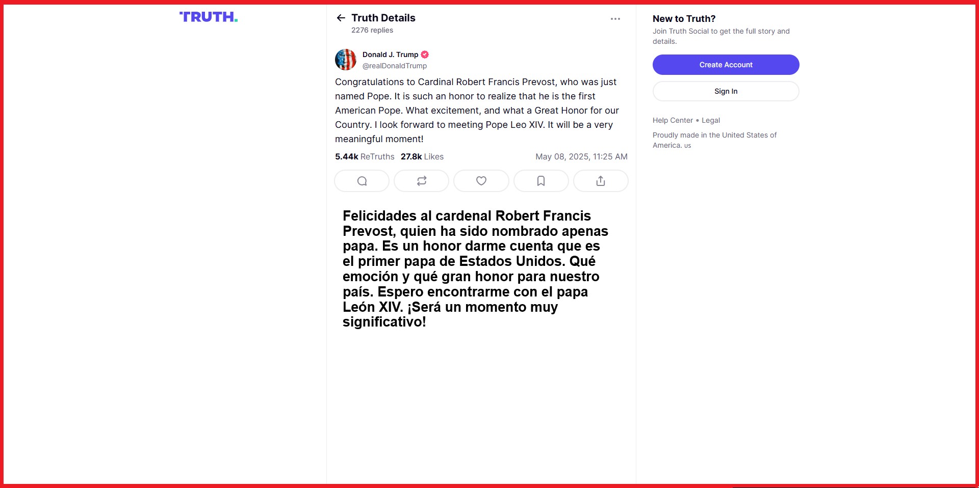 Mensaje de las redes sociales de Donald Trump, 8 de mayo de 2025.