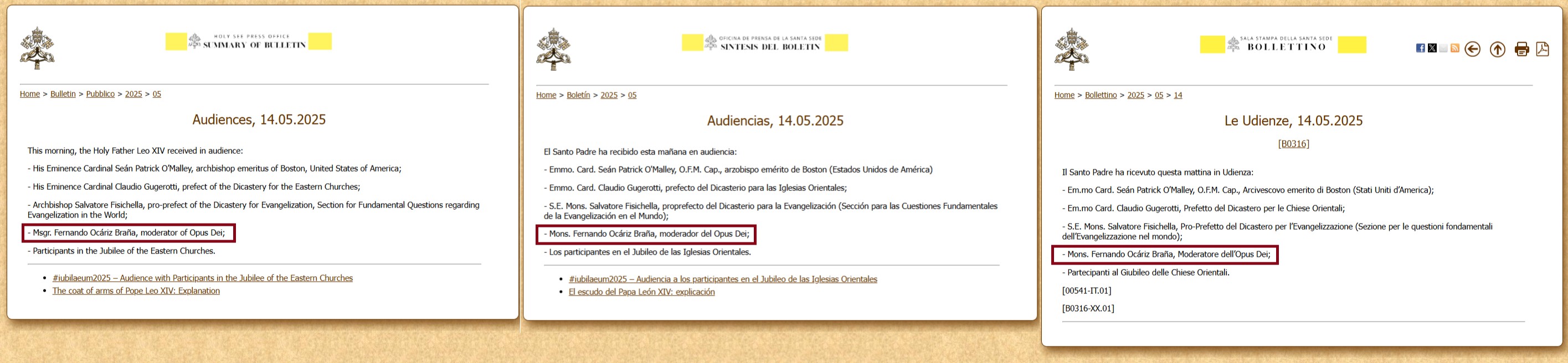 Screenshots of the Vatican's brief about Pope Leo XIV's audiences on Monday, May 12th, 2025. English, Spanish, and Italian.