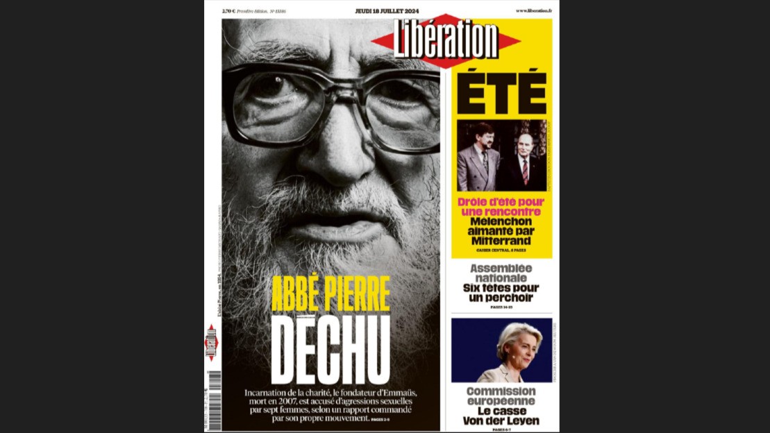 La primera plana de Libération de Francia que dio cuenta, en julio de 2024, de la escala del abuso de Abbé Pierre. La primera plana de Libération de Francia que dio cuenta, en julio de 2024, de la escala del abuso de Abbé Pierre.