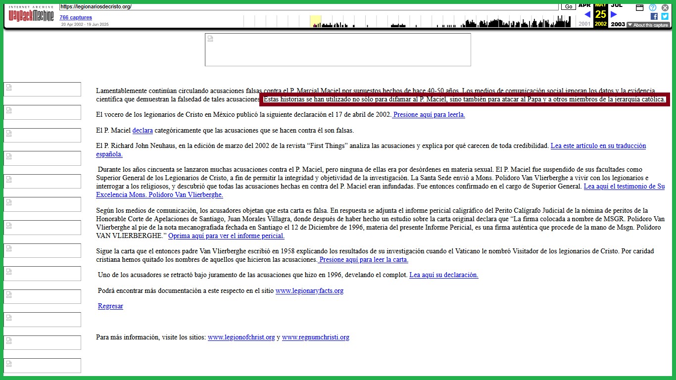 Captura de pantalla del antiguo sitio de la Legión de Cristo como lo conserva el Internet Archive. Captura de pantalla del antiguo sitio de la Legión de Cristo como lo conserva el Internet Archive.