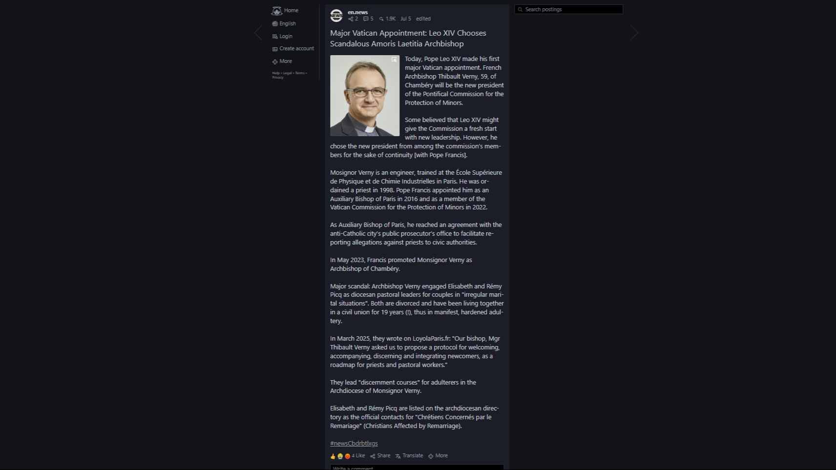 The same message attacking archbishop Verny's appointment of the Picqs in his current diocese at gloriatv, in English, 2025. The same message attacking archbishop Verny's appointment of the Picqs in his current diocese at gloriatv, in English, 2025.