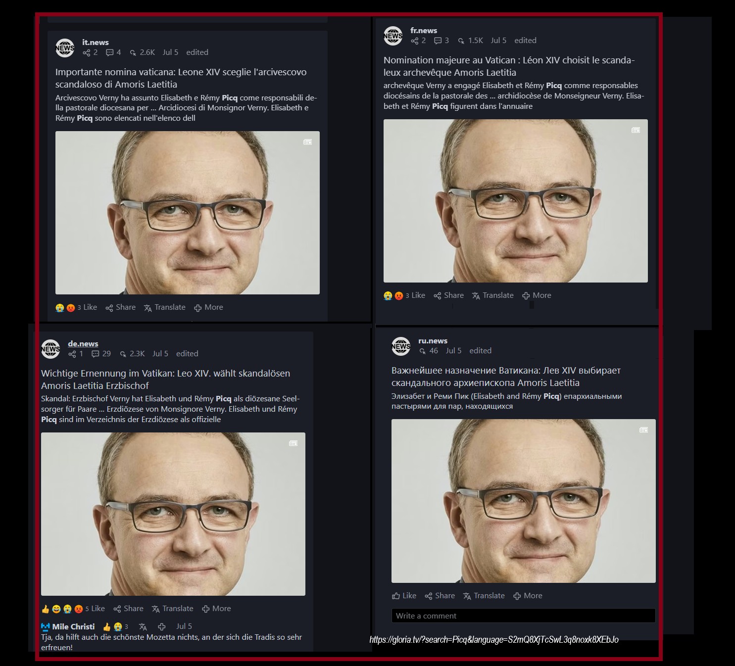 A composite of four postings in different languages at gloriatv attacking archbishop Verny, 2025. A composite of four postings in different languages at gloriatv attacking archbishop Verny, 2025.