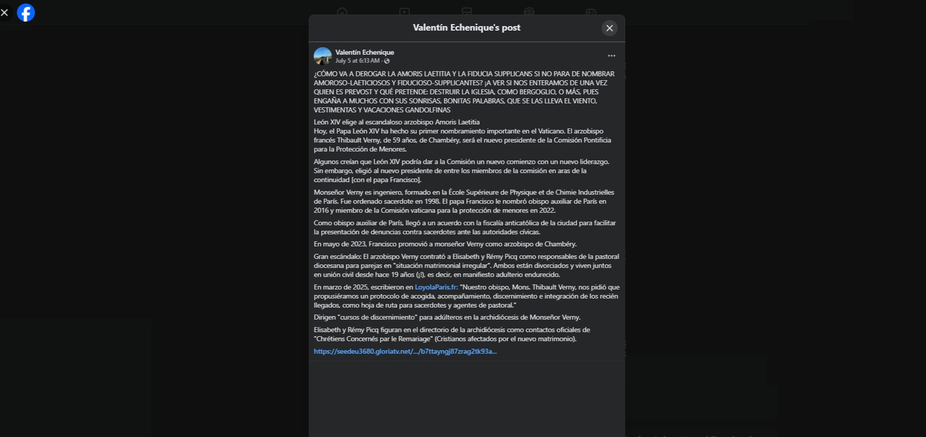 The Spanish-language version of the same message attacking at archbishop Verny at a Facebook personal account. The Spanish-language version of the same message attacking at archbishop Verny at a Facebook personal account.