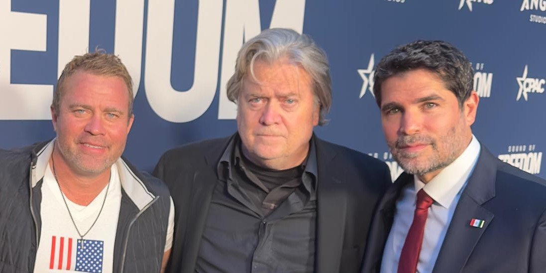 Tim Ballard, Steve Bannon, and Eduardo Verástegui, Sound of Freedom premiere, 2023. Verástegui's social media.