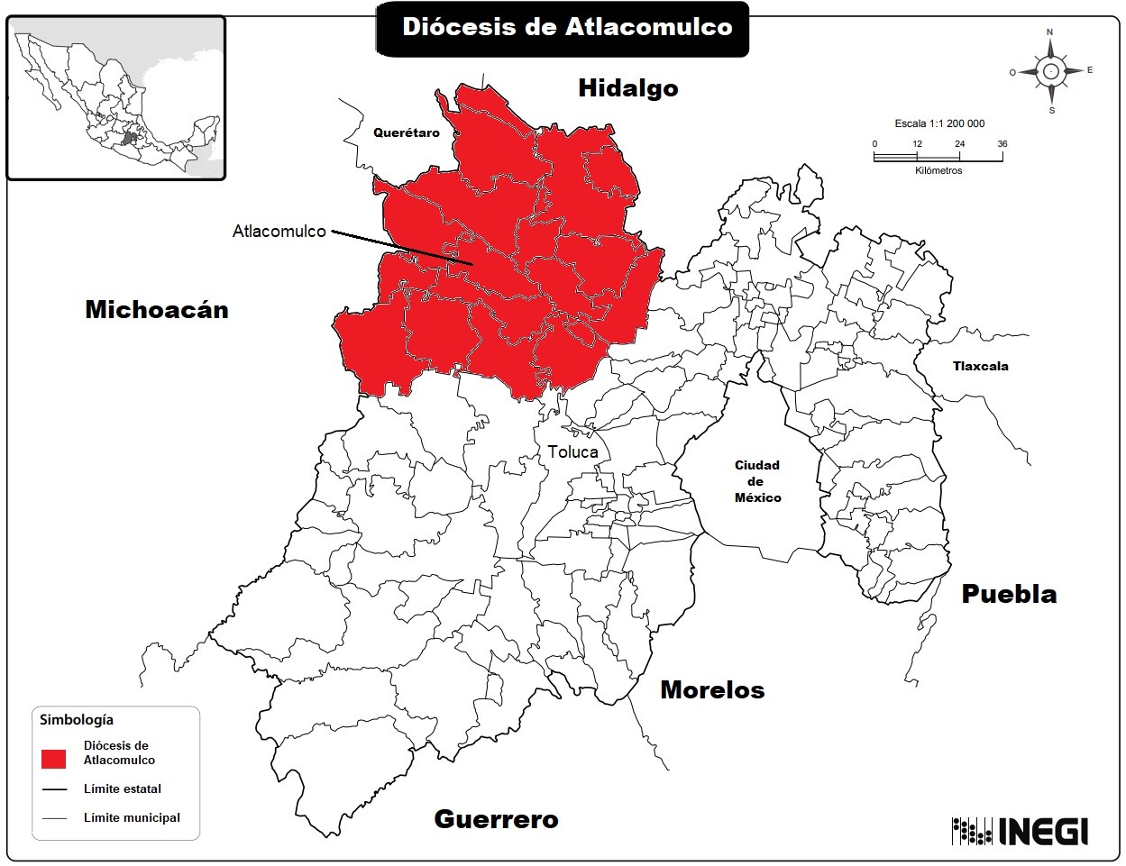 La diócesis de Atlacomulco, en el centro de México. Elaboración propia.