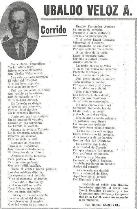 Corrido a Ubaldo Veloz, de Torreón Coahuila.