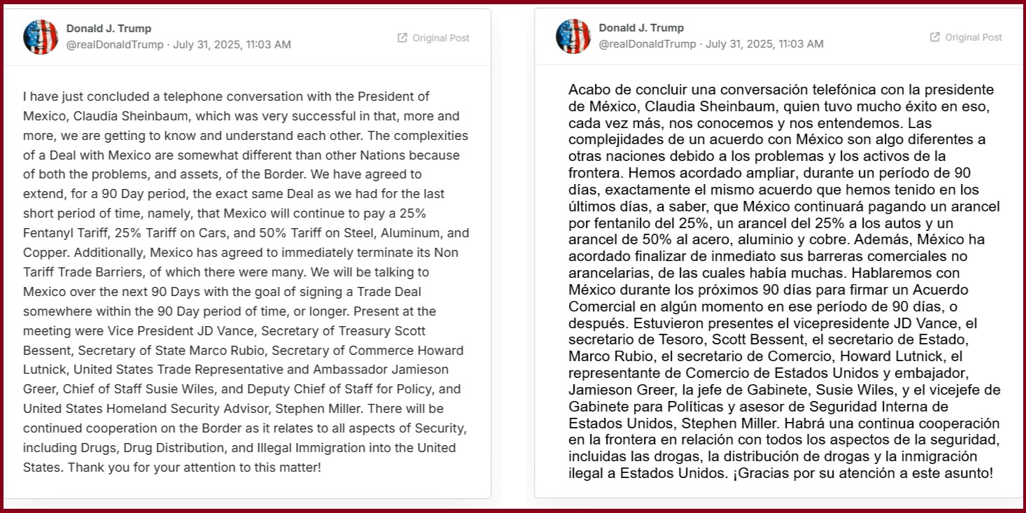 Mensaje original en inglés y traducción por Los Ángeles Press. Redes sociales de Donald Trump.