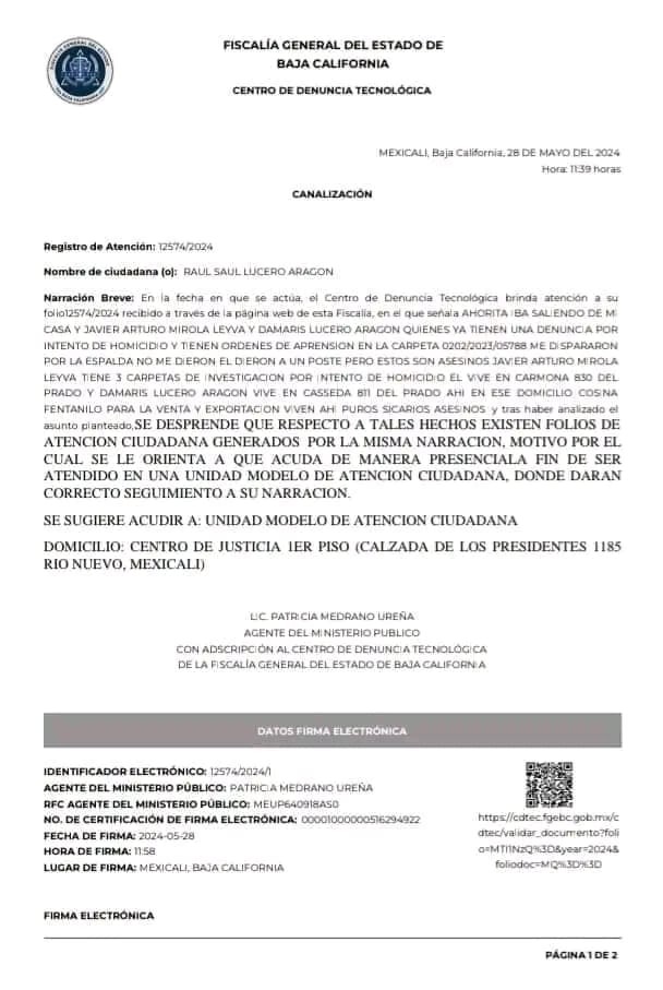 Denuncias presentadas por la agresión contra Raúl Saul Lucero. 