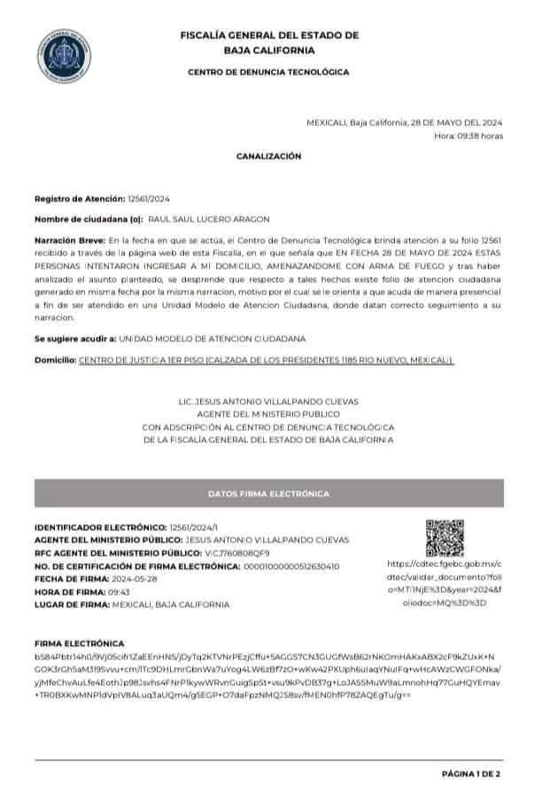 Denuncias presentadas por la agresión contra Raúl Saul Lucero. 