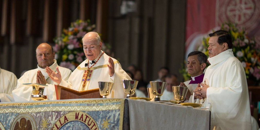 Cardinal Aguiar Retes (center) presides over Mass at the Basilica of Our Lady of Guadalupe during his installation as archbishop in 2018. To his right, Nuncio to Mexico, Archbishop Franco Coppola, and to his left is Cardinal Norberto Rivera Carrera, the emeritus archbishop. Photo from the Diocese of Tepic's social media. Cardinal Aguiar Retes (center) presides over Mass at the Basilica of Our Lady of Guadalupe during his installation as archbishop in 2018. To his right, Nuncio to Mexico, Archbishop Franco Coppola, and to his left is Cardinal Norberto Rivera Carrera, the emeritus archbishop. Photo from the Diocese of Tepic's social media.