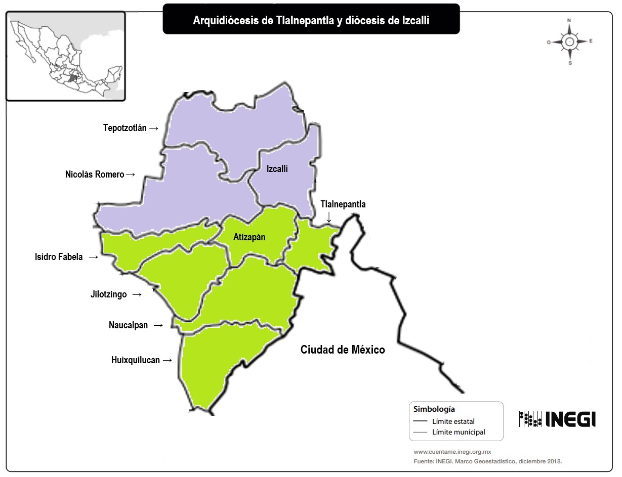 En verde, los municipios del Estado de México que forman parte de la arquidiócesis de Tlalnepantla. En lavanda los que integran la diócesis de Izcalli.añol