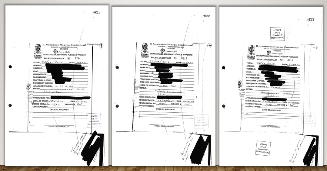 Boletas de liberación de los seis detenidos administrativos que estuvieron en la Comandancia la noche del 26 de septiembre de 2014, que coincidieron con los normalistas y vieron con vida a Julio César López Patolzin. Fuente: Tomo 65, folios 21-27/PGR