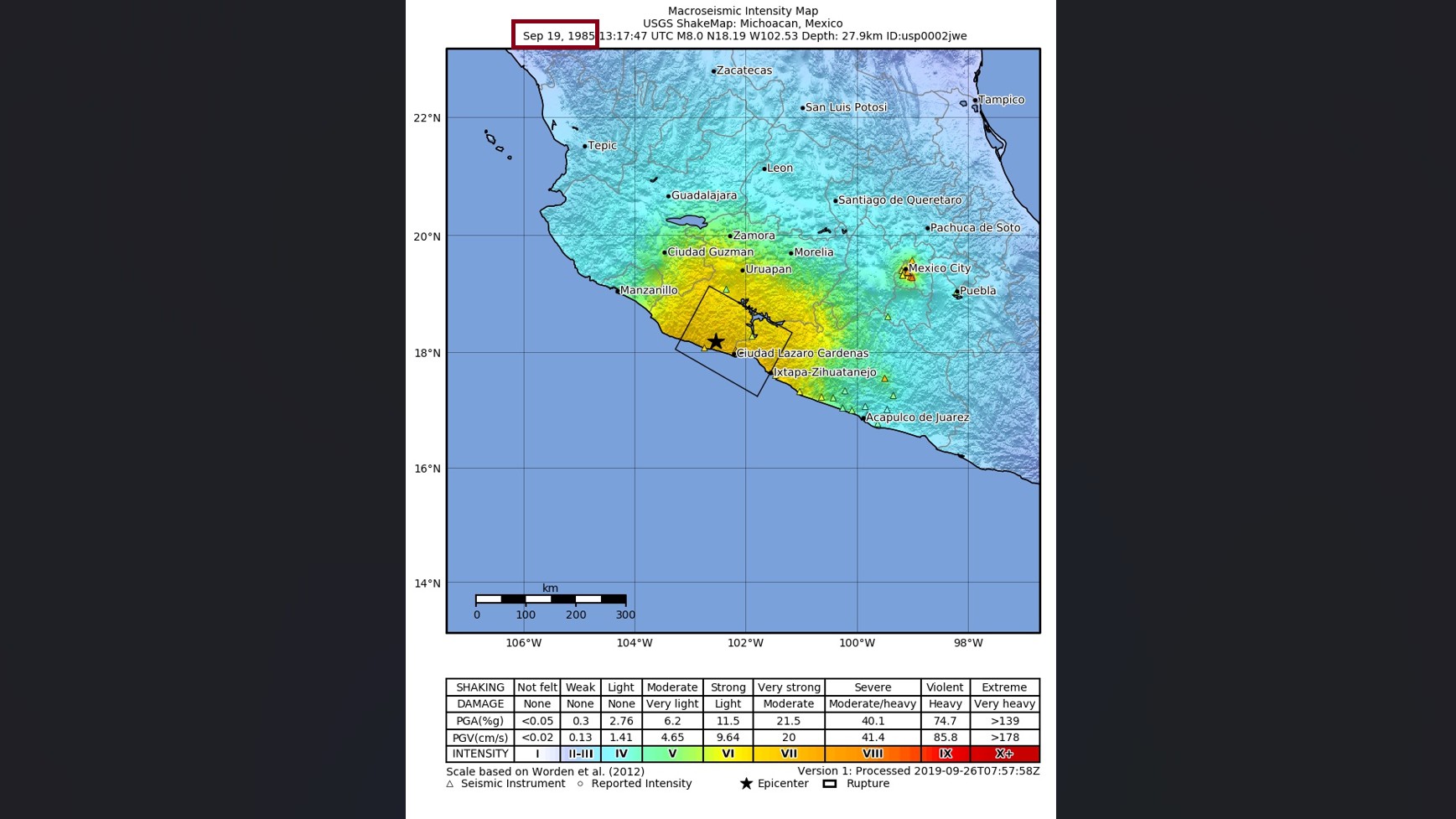 A map released by the USGS in 2019 of the epicenter and rupture area of the September 19, 1985 earthquake. It locates other cities in Mexico affected by the event. A map released by the USGS in 2019 of the epicenter and rupture area of the September 19, 1985 earthquake. It locates other cities in Mexico affected by the event.