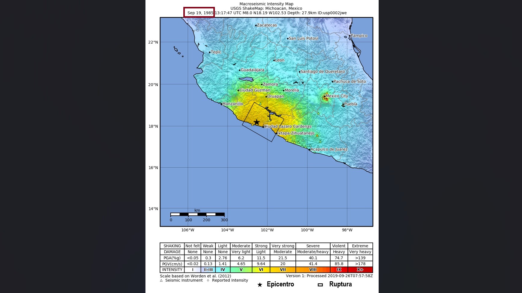 Un mapa publicado en 2019 por el Servicio Geológico de Estados Unidos (USGS) muestra el alcance del terremoto de 1985, el epicentro y la llamada 