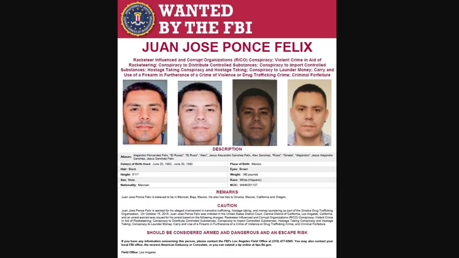 El cártel publicado por las autoridades de Estados Unidos donde se señala a El Ruso.