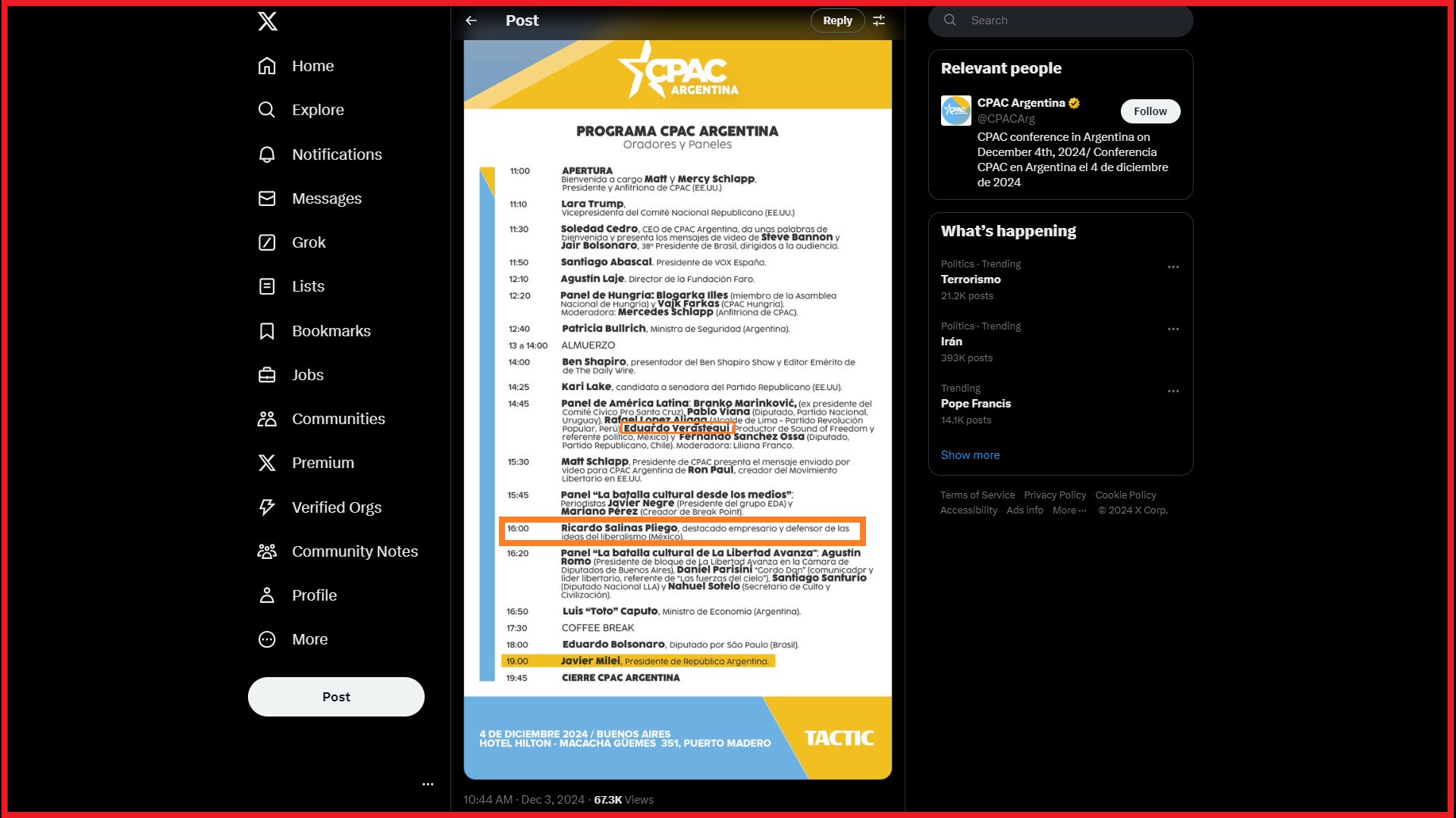 El cartel que CPAC-Buenos Aires publicó en diciembre de 2024 con la participación de Ricardo Salinas Pliego.