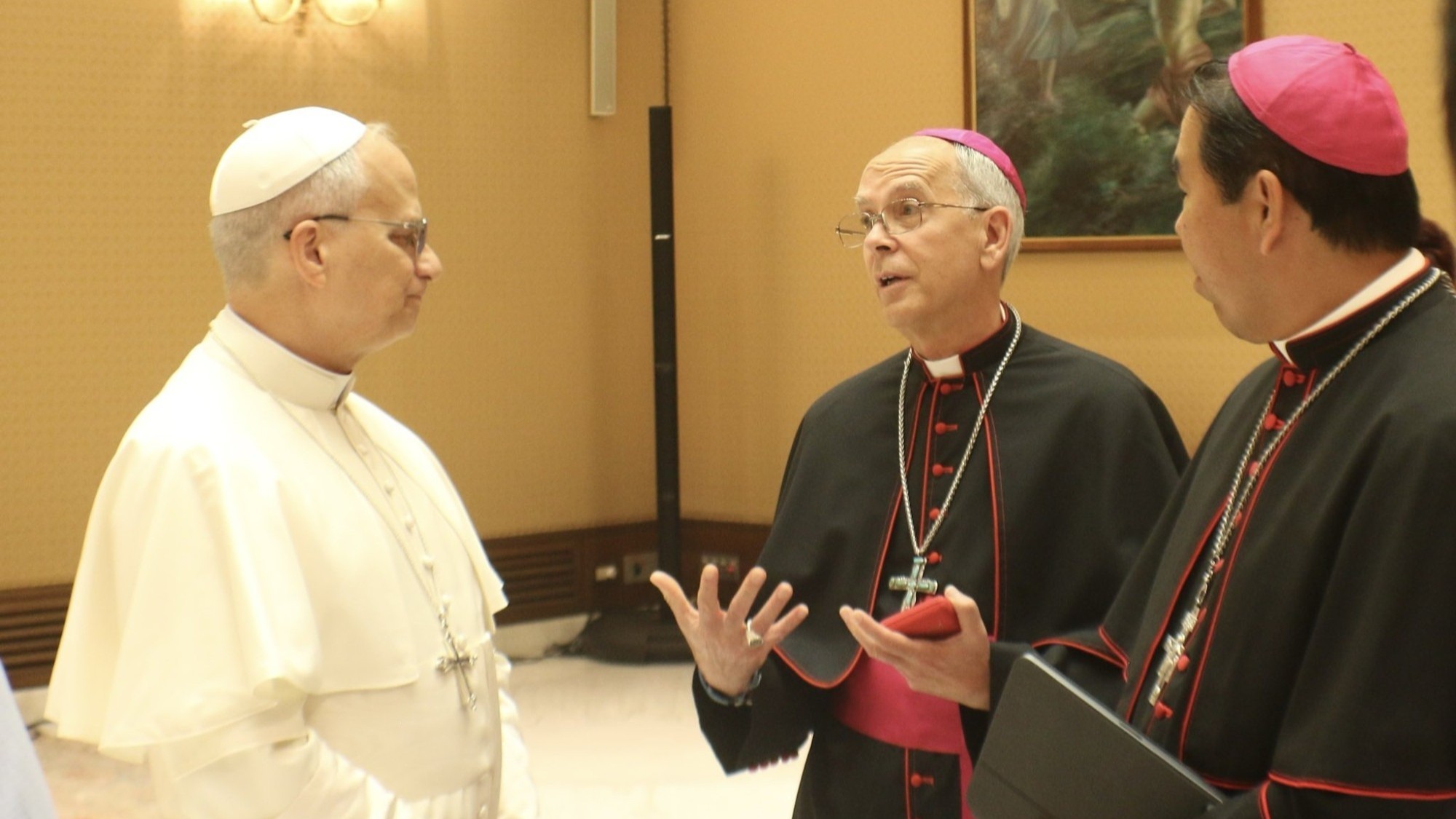 Pope Leo XIV hears bishop Mark Seitz during their October 8, 2025, private audience at the Vatican. next to Seitz, his auxiliary bishop Anthony Cerdan Celino. Social media of bishop Seitz. 