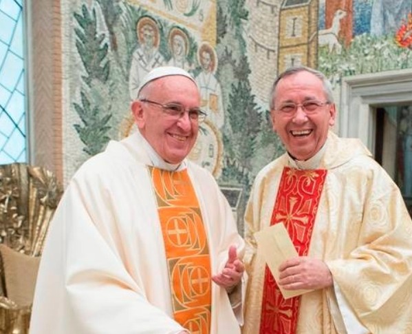 Pope Francis and Rupnik after the Pontiff presided over a Mass for members of the Centro Aletti in the Vatican's Redemptoris Mater Chapel, April 8, 2016. Picture available @ www.vatican.va/content/francesco/it/events/event.dir.html/content/vaticanevents/it/2016/4/8/centroaletti.html 